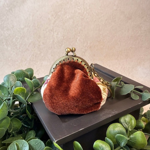 Handbags - Orange Velvet and Floral Kiss Lock Coin Purse